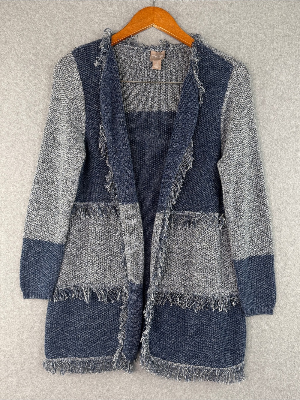 Chico's Blue Patchwork Fringe Midi Long Sleeve Cardigan Boho Western Size 1